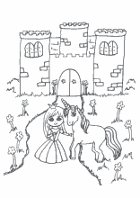Einhorn mit Prinzessin vor einer Burg