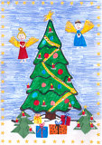 Weihnachtsbaum mit Geschenken und Engeln